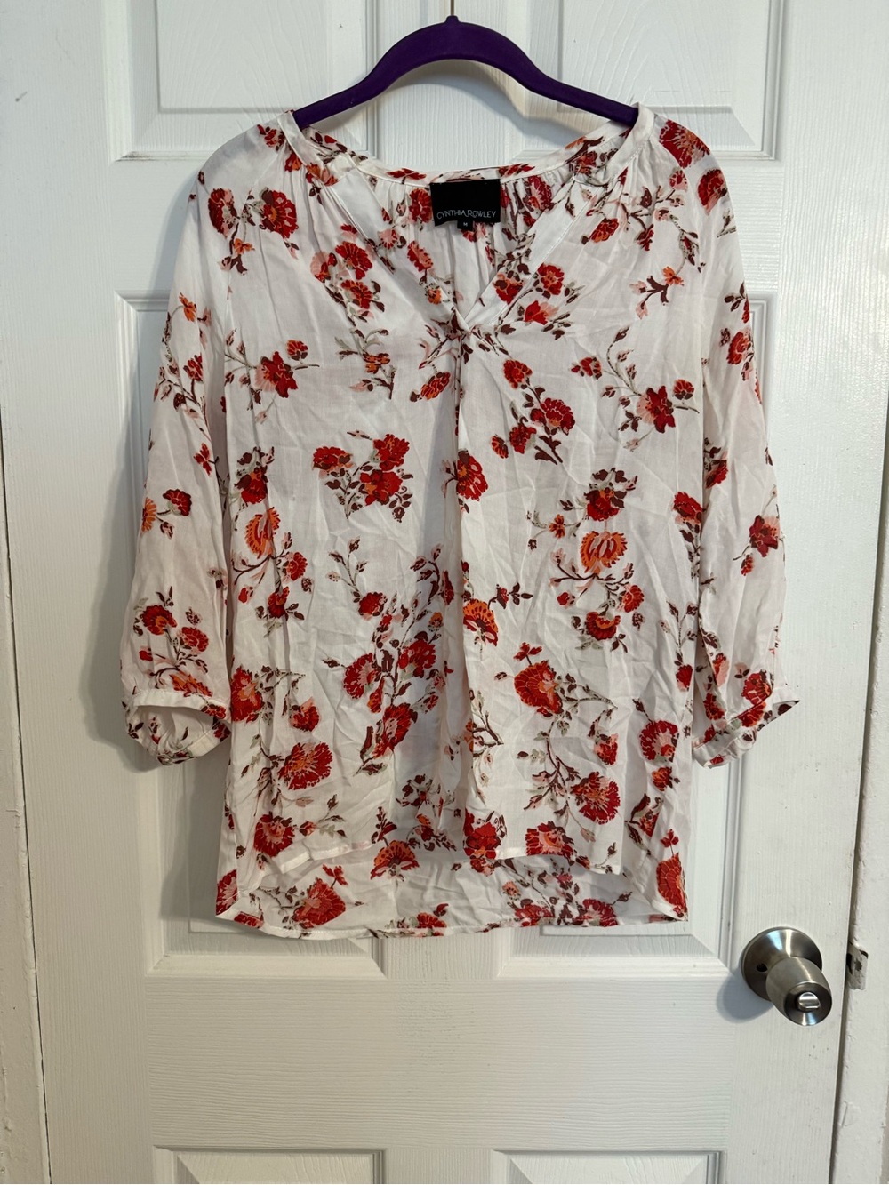Cynthia Rowley White Blouse with Red Floral Print